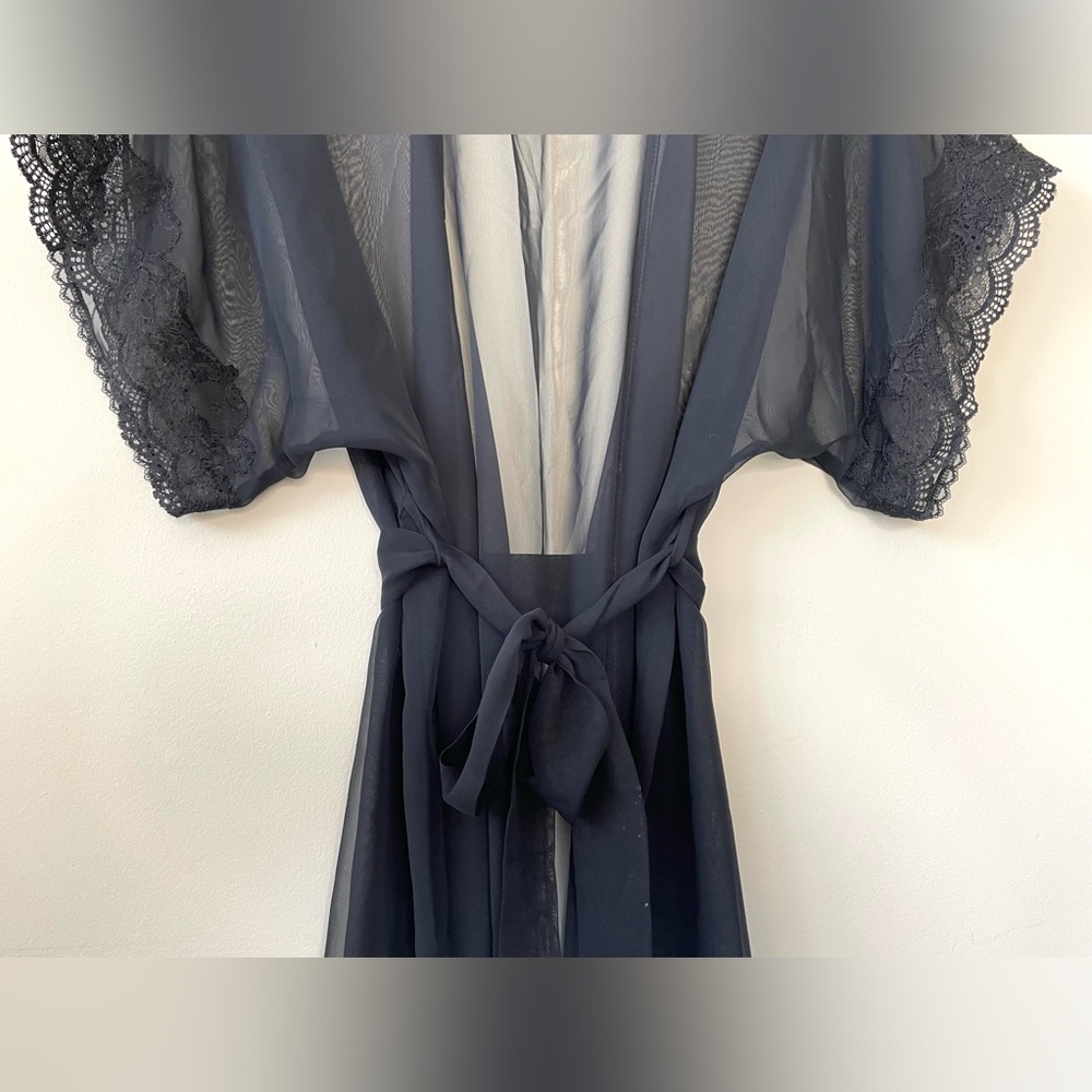 Vintage Black Silk Chiffon & Lace Lingerie Robe Size Small - Picture 3 of 15